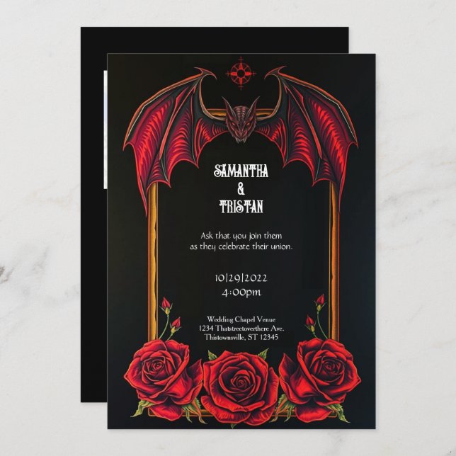 Red Bat and Roses Gothic Wedding Invitation (Front/Back)