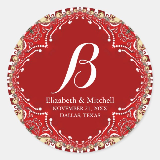 Red Batik Boho Vibes Special Event Monogram Classic Round Sticker (Front)