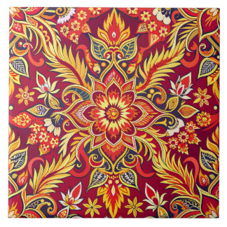Red Batik Pattern Floral Print Traditional Ethnic Tile