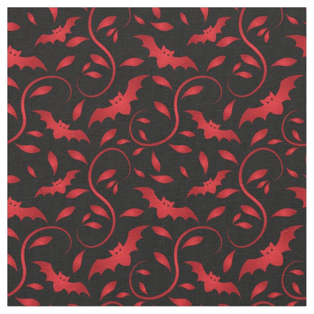 Red bats and leaves pattern fabric (Close Up)