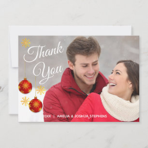 Red Bauble Photo Holiday Wedding Thank You Card