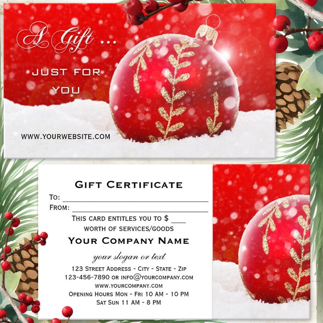Red Bauble Sparkling Snow Christmas Gift Card (A festive gift certificate featuring a red Christmas bauble with sparkling snow)