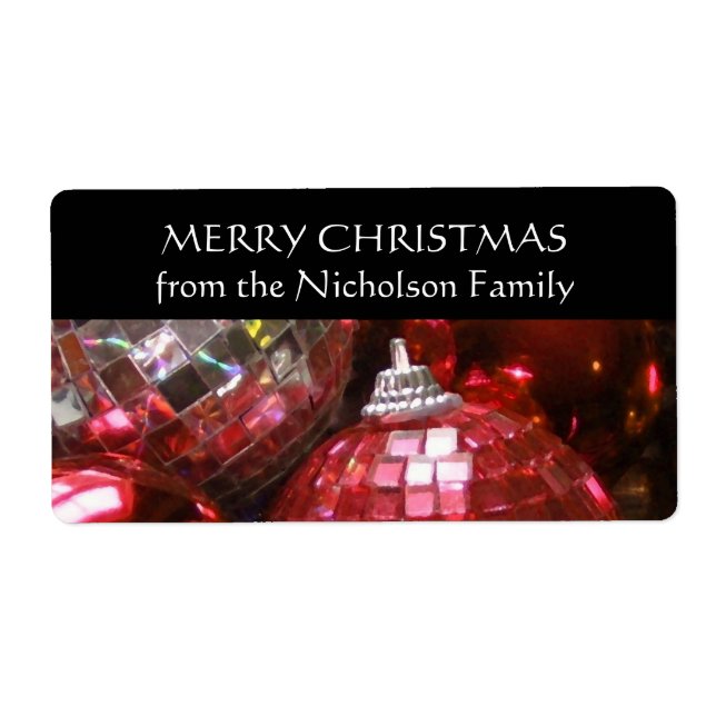 Red Baubles 'Family' gift tag label black (Front)