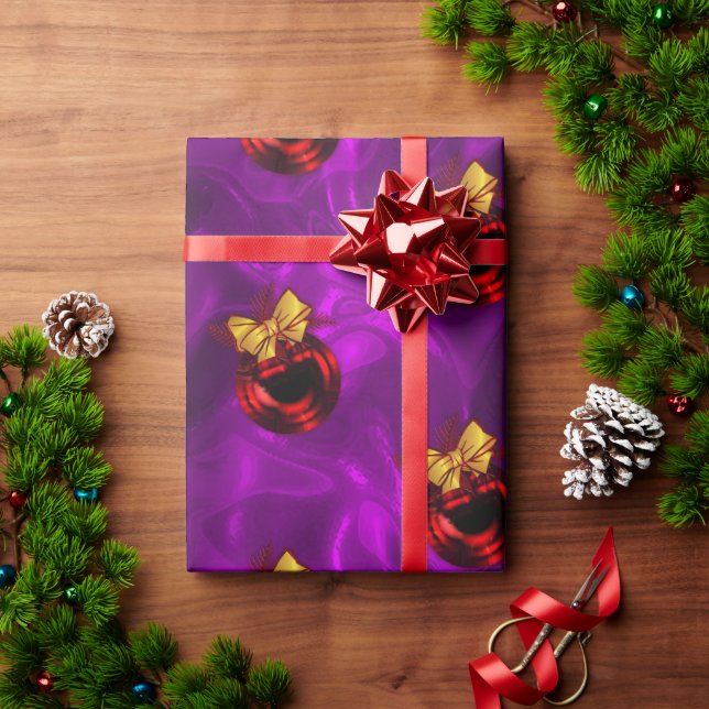 Red Baubles on Swirling Purple Christmas Wrapping Paper (Holiday Gift)