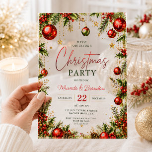 Red Baubles Tree Branches Holly Berries Christmas Acrylic Invitations