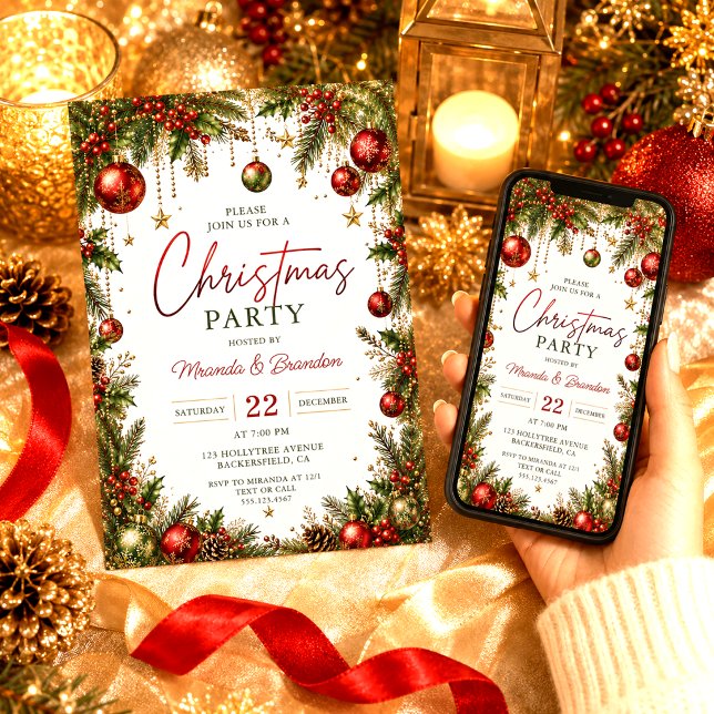 Red Baubles Tree Branches Holly Berries Christmas Invitation (Creator Uploaded)
