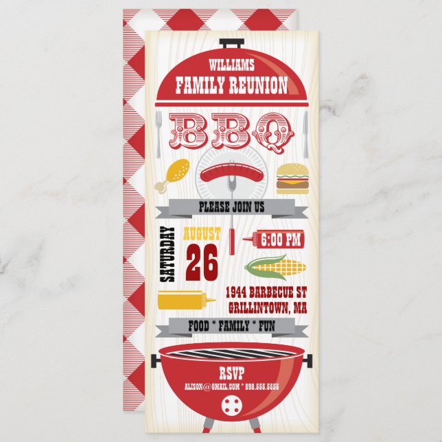 RED BBQ GRILL FAMILY REUNION INVITATION (Front/Back)