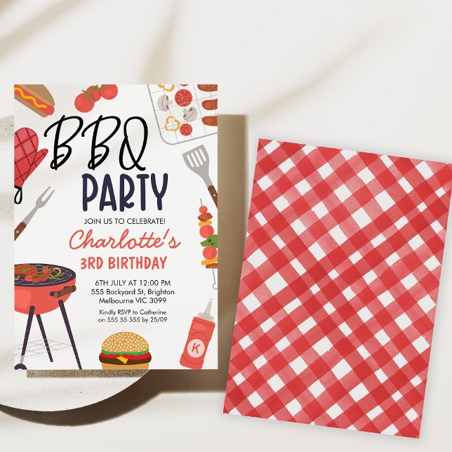 Red Bbq Red Oven Mitt Girls Bbq Birthday Invitation (Bbq birthday party invitation, Backyard Bbq Birthday Invitation, Gingham, red mitt, Summer Bbq Party)