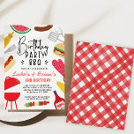 Red Bbq Twins or Join Birthday Invitation<br><div class="desc">Red Bbq Twins or Join Birthday Invitation

Kids twins or joint Bbq Birthday Invitation featuring a red Bbq,  fork,  spatula,  hotdog,  Bbq sauce,  corn and more.  The back of this backyard Bbq party invitation features a red gingham pattern.</div>
