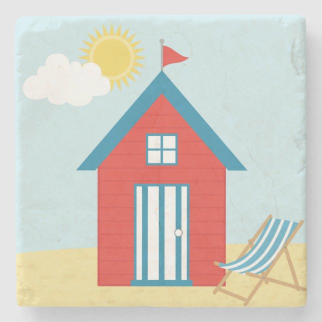 Red Beach Hut Stone Coaster (Front)