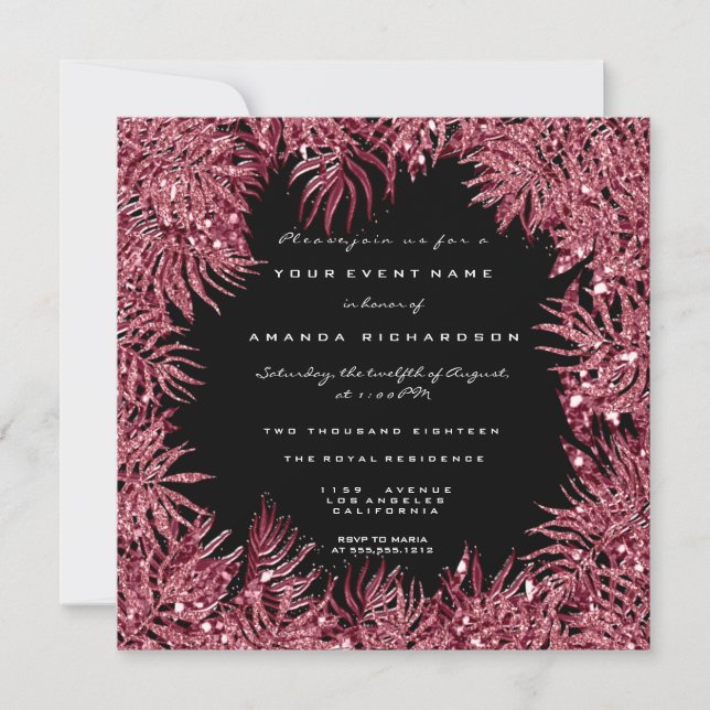 Red Bean Fern Leafs Frame Metallic Black Pink Cand Invitation (Front)