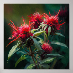 Red Bee Balm Flower Art Print Poster
