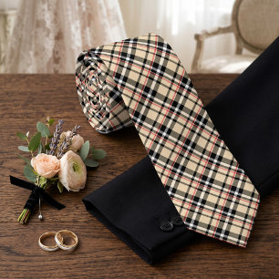 Red Beige Black White Squares Tartan Plaid Pattern Tie
