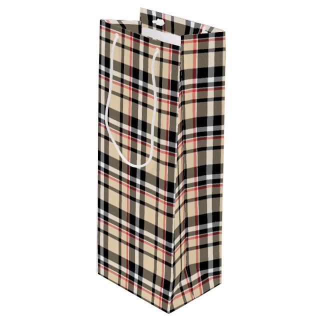 Red Beige Black White Squares Tartan Plaid Pattern Wine Gift Bag (Front Angled)