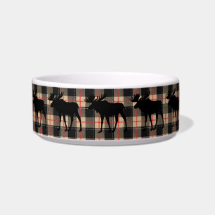 Red Beige Buffalo Plaid Bull Moose Animal Dog Bowl