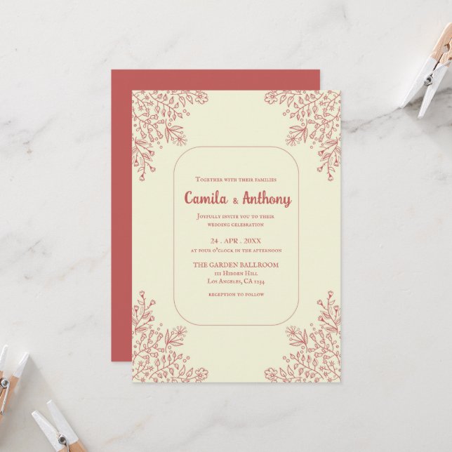Red Beige Corner Flower Border Boho Rustic Wedding Invitation (Front/Back In Situ)