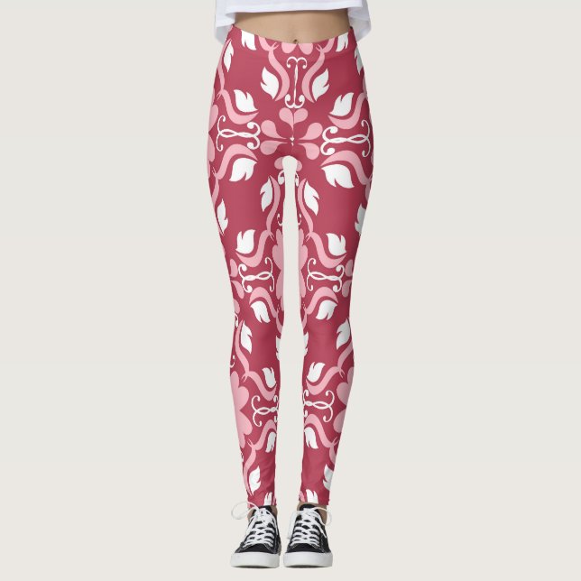 Red, beige floral, seamless wallpaper pattern. leggings (Front)