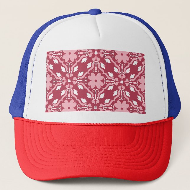 Red, beige floral, seamless wallpaper pattern. trucker hat (Front)