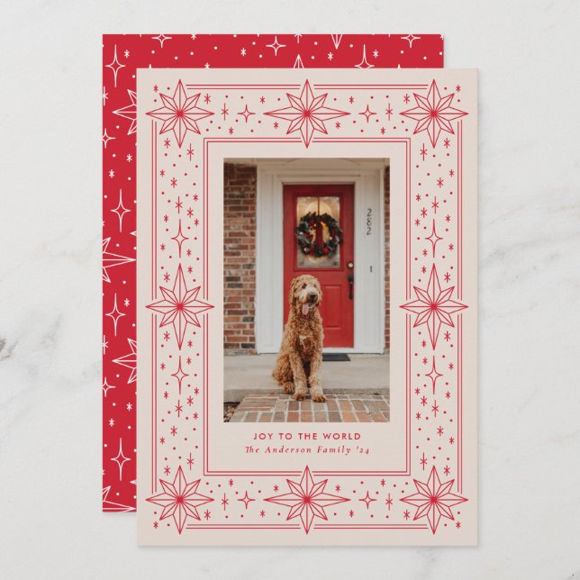 Red & Beige geometric star border Christmas Photo Holiday Card (Front/Back)