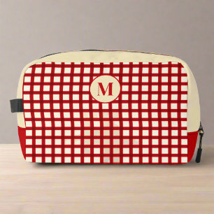 Red & Beige Gingham Classic Feminine Monogram Dopp Kit