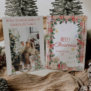 Red Beige Gingham Cute Puppy Berries Christmas Holiday Card