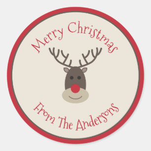 Red Beige Merry Christmas Sticker with Rudolph