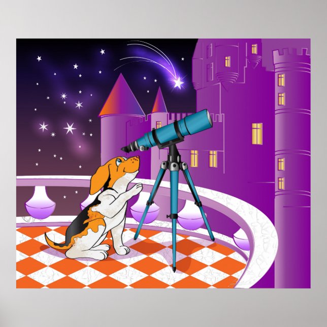 Red beige puppy and telescope poster (Front)