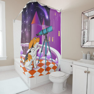 Red beige puppy and telescope shower curtain
