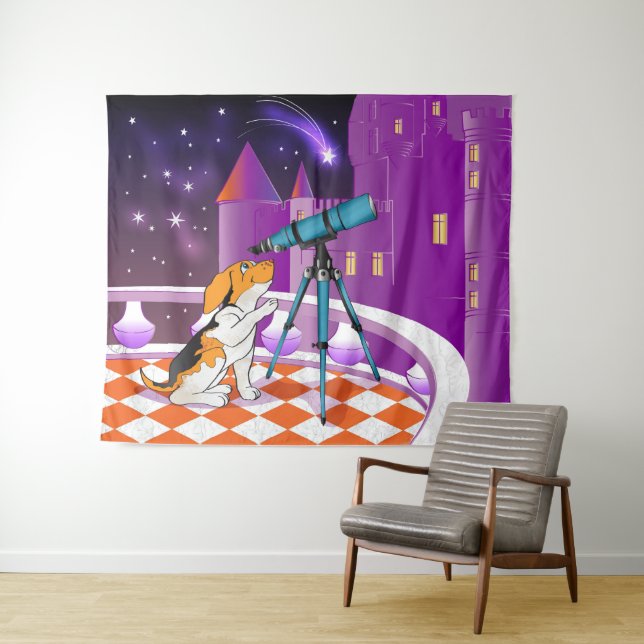 Red beige puppy and telescope tapestry (In Situ (Horizontal))