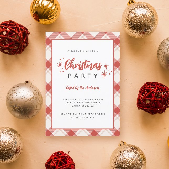 Red & Beige Tartan Plaid Script Christmas Party Invitation (Creator Uploaded)