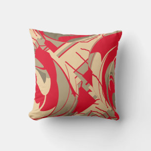 Red Beige Taupe Swirling Floral Lush Leaves Design Cushion