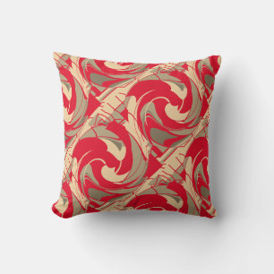 Red Beige Taupe Swirling Slanted Floral Art Design Cushion