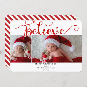 Red Believe Christmas Holiday 2 Photos Photo Invitation