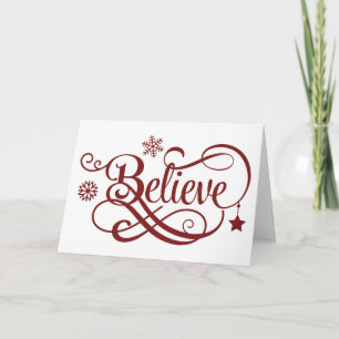 Red Believe Snowflakes Stars Calligraphy Holiday Card
