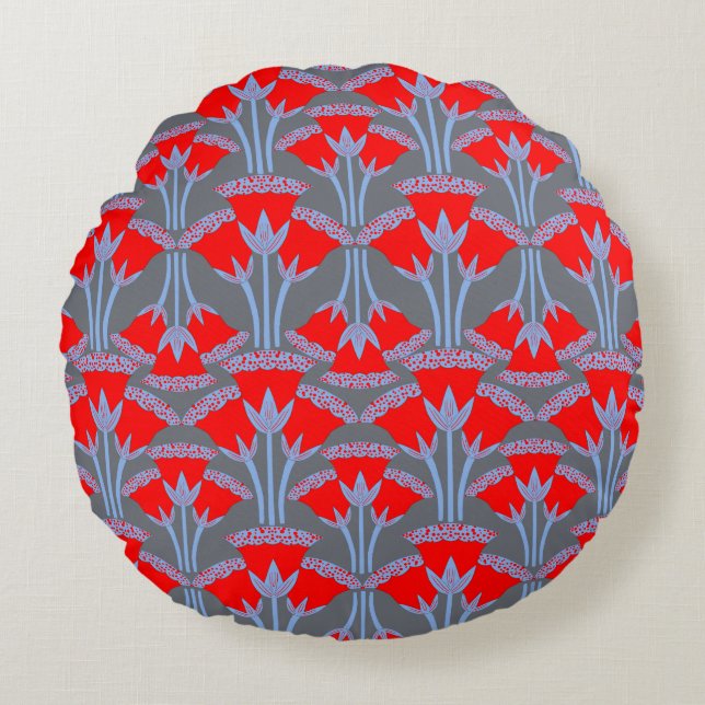 Red Bellflower Round Throw Pillow | One Owl Artist (Front)