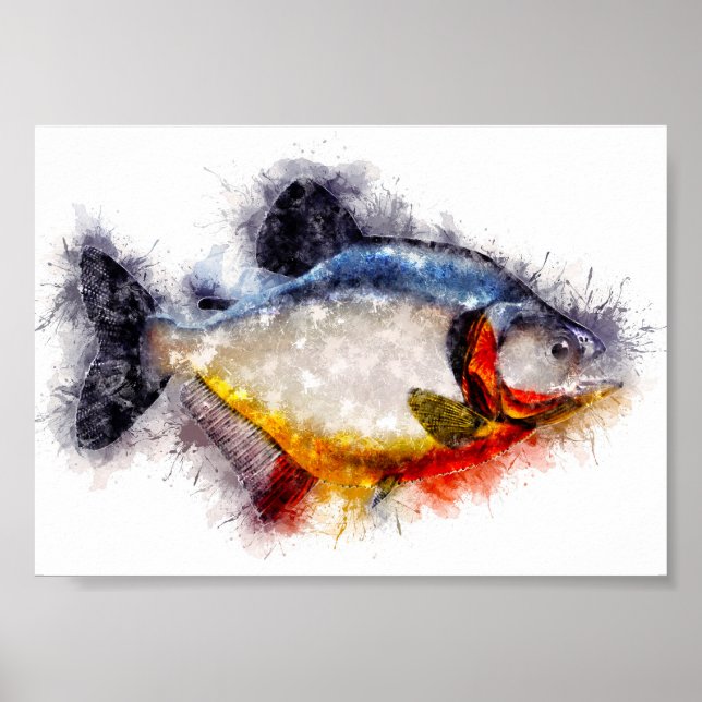 Red Bellied Piranha watercolor monster fish art Poster (Front)