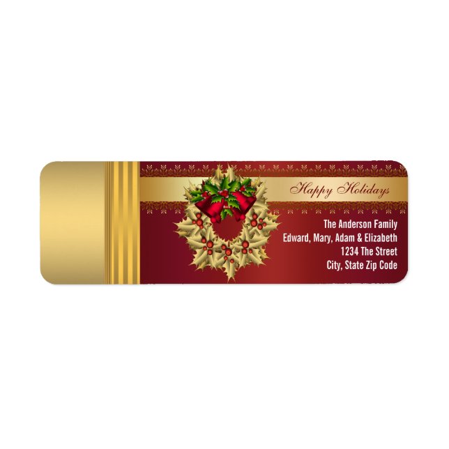 Red Bells Gold Holly Red Christmas Address Labels (Front)