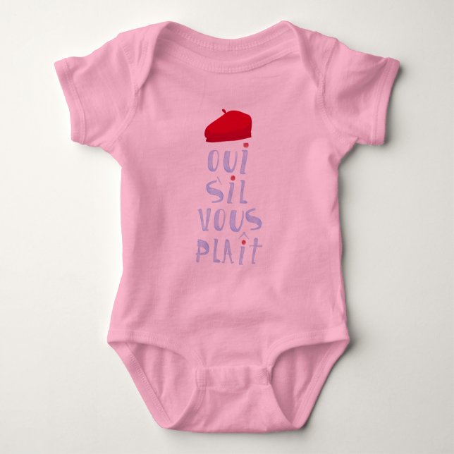 Red Beret Cute French Oui Merci Yes Thank You  Baby Bodysuit (Front)