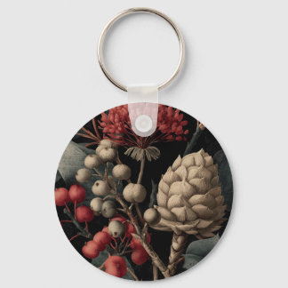 Red Berries and Exotic Seed Pods on Black Key Ring