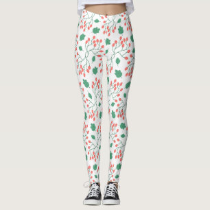 Red berries and green leaves pattern leggings