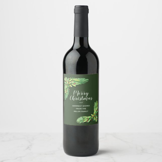 Red Berries and Greens Christmas Holiday Wine Label (Front)