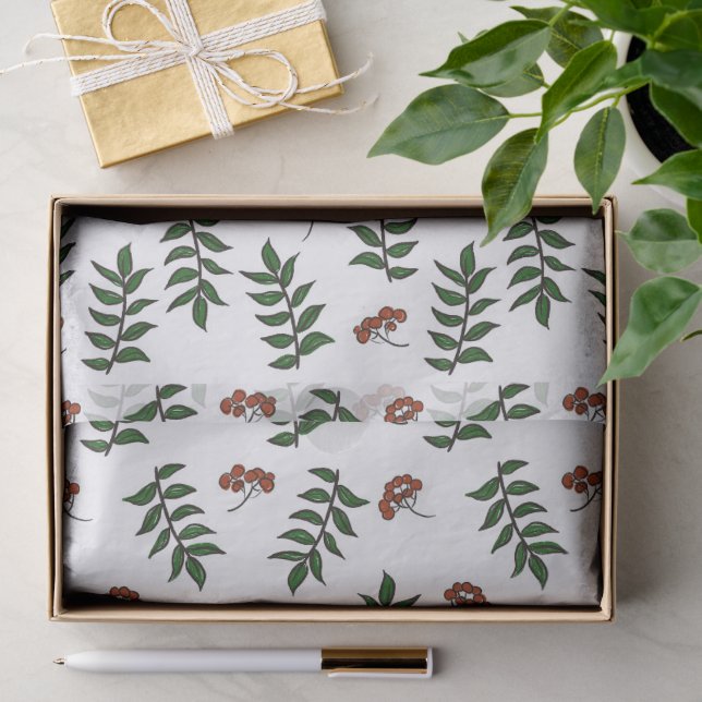 Red Berries and Leaves Drawn Pattern Tissue Paper (Gift)