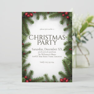 Red Berries and Pine Christmas Party Invitation