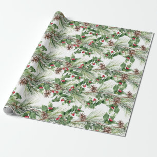 Red Berries and Pine Needles Pinecones Wrapping Paper