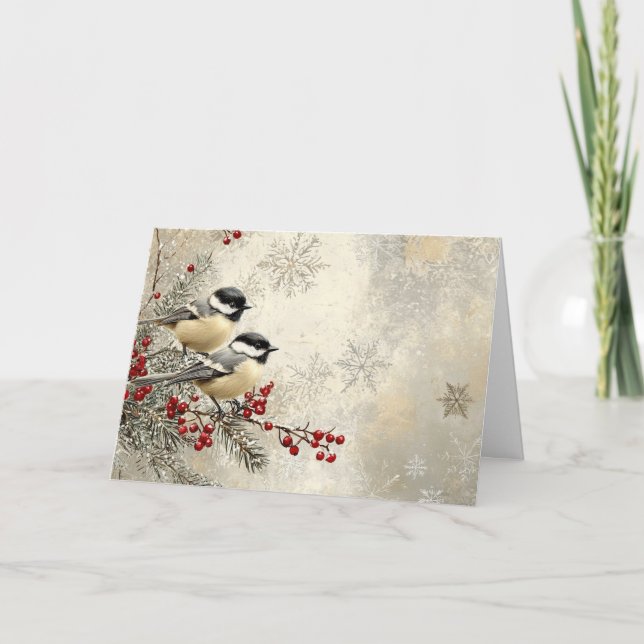 Red Berries and Snowflakes with Chickadees Card (Front)