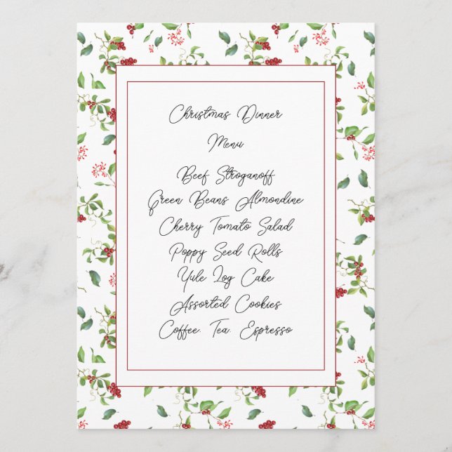 Red Berries and Winter Foliage Holiday Menu Card (Front)