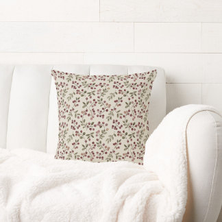 Red Berries Botanical Green Vines Leaves Pattern Cushion