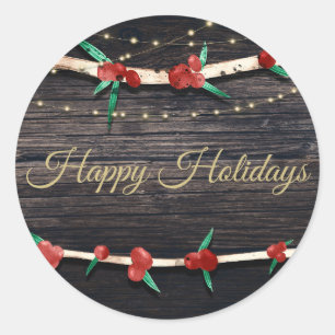 Red Berries Branches & Lights Rustic Holiday Party Classic Round Sticker