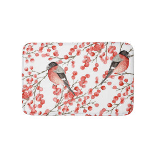 Red Berries Bullfinches Watercolor Pattern Bath Mat