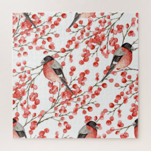 Red Berries Bullfinches Watercolor Pattern Jigsaw Puzzle